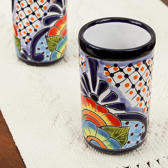 NOVICA Ceramic Tumblers Handpainted Floral from Mexico Multicolor Tableware Drinkware Glasses Juice Water Cocktail Talavera Hacienda [ 4.7in H x 3in Diam. 10 Oz.] 'Raining Flowers'(Pair)