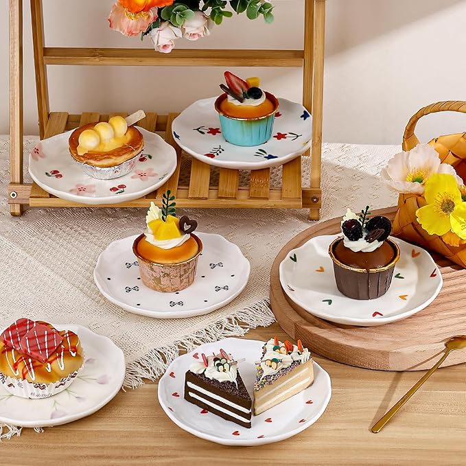 Koythin Ceramic Dessert Plates, Cute Fruits Dinner Plate, Creative Plates Design, Printed Flowers Dinnerware for Office and Home, Kitchen Plates for Desserts (Pink Cherry Flowers)