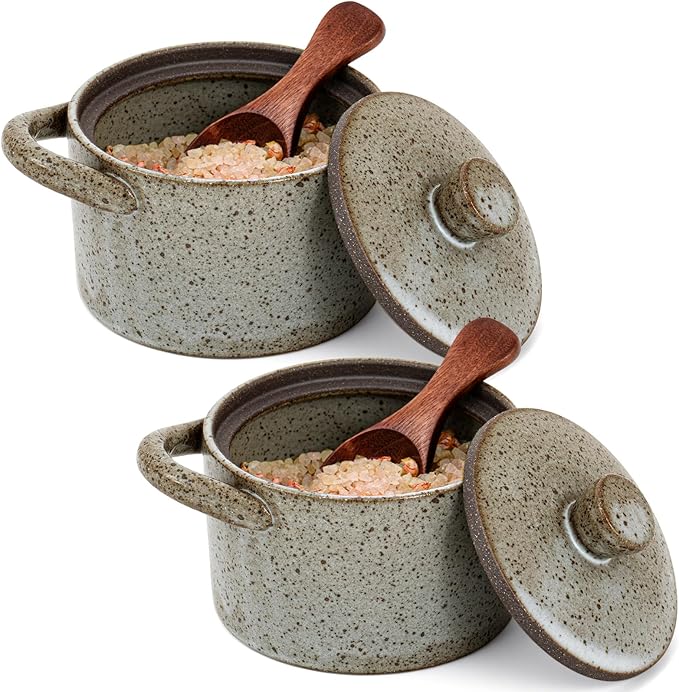 Honeydak Speckled Ceramic Salt Cellar with Lid and Wooden Spoon, Rustic Farmhouse Salt Pepper Cellar Holder for Valentines Day,Housewarming Gift, Heavyweight Spices Jar(Light Gray,2 Set)