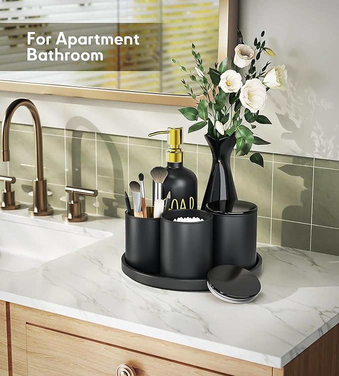 Black Bathroom Accessories Set with Tray, 6pcs Matte Black Bathroom Accessory Sets, Glass Soap Dispenser and Toothbrush Holder Set, Qtip Holder, Ceramic Flower Vase, Black Bathroom Set Decor,