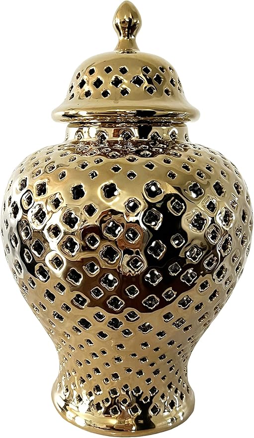 Noori Home - 100% Modern Glam Artisan Ceramic SANA Medium Sana Ginger Jar Urns with Lid 9.5x9.5x14.5