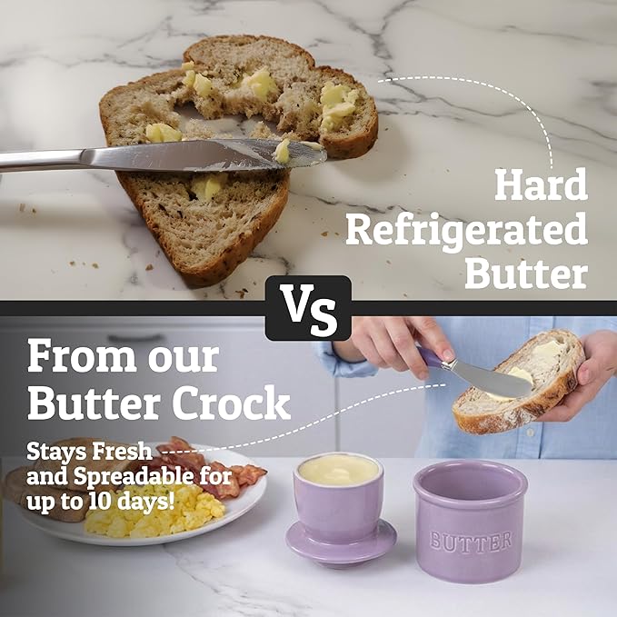 PriorityChef Butter Crock with Lid with Water Line, Ceramic French Butter Dish to Leave On Counter, Lilac