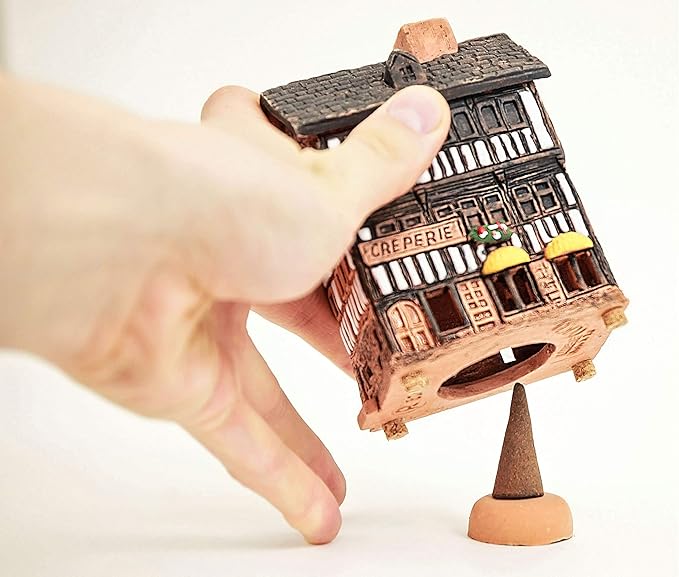 Ceramic Houses and Villages Collection - Collectible Handmade House Miniature of Creperie in Mont St. Michel, France - Cone Incense Holder R325