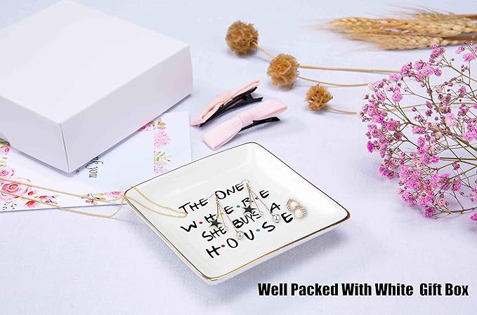 Topthink The One Where She Buys A House - New Home Owner Gift - Housewarming Gifts for Women - New Homeowners Gift - First Home - Ceramic Jewelry Holder Ring Dish Trinket Box Tray - Friends TV Show