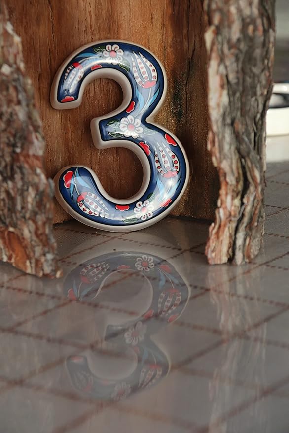 Large Ceramic Housewarming Sign Ceramic Address Plaque House Numbers Sign Door Personalized Coloured Decorative Hand Decoratede Housewarming Gifts Tulip Design 12 * 9 cm (Navy Blue, 3)