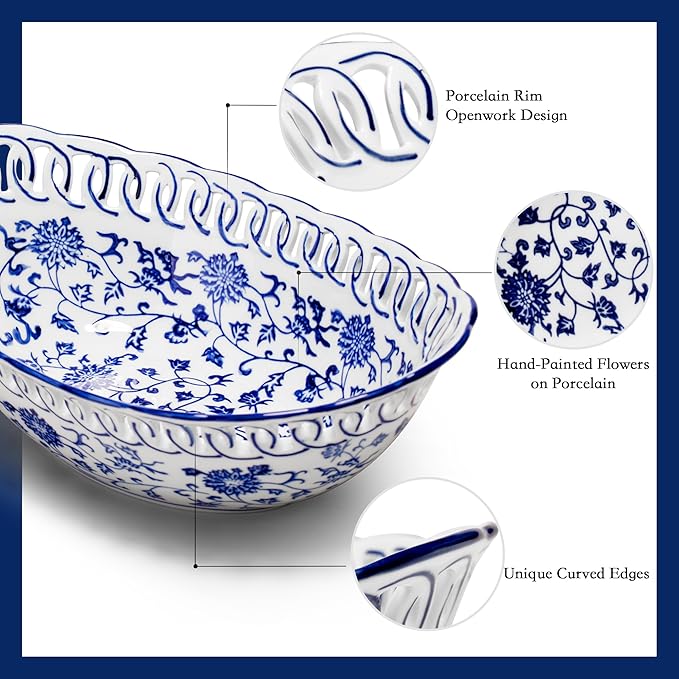 12" Extra Large Blue and White Porcelain Fruit Bowl for Kitchen Counter or Home Decor, Fruit & Vegetable Holder, Large Ceramic Fruit Bowl for Home Decorative Centerpiece