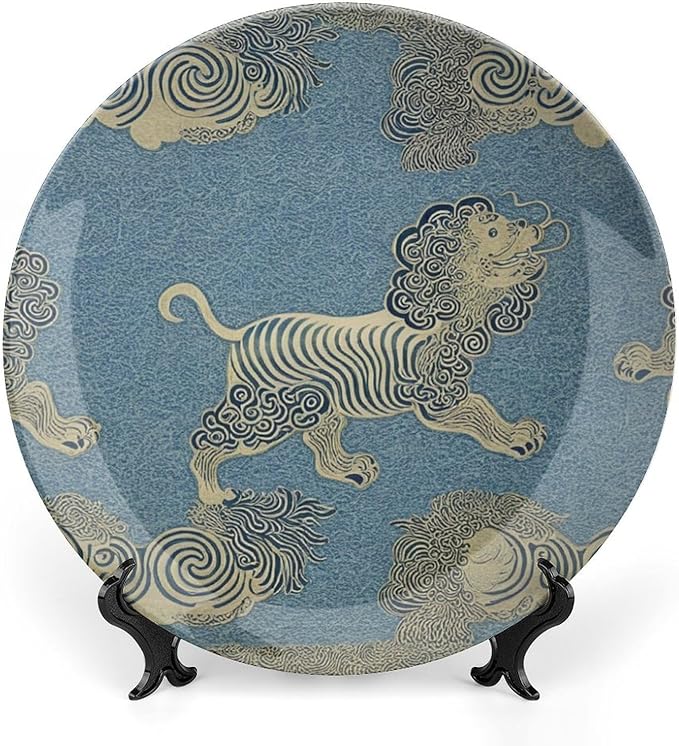 Blue Tibet Tiger Fashion Plates, Chinoiserie Tiger in Blue Customize Ceramic Ornaments Dessert Plates for Kitchen Display Wedding Decor, with 1 Display Stand Art Decorations for Wall Household