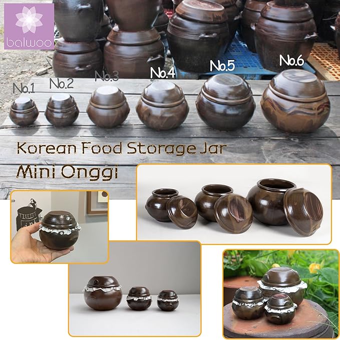 Earthenware Onggi Korean Traditional Clay Jar Ceramic Canister/Handmade Food Sauce Storage Container for Tea, Coffee Bean, Salt/Breathing Clay Pot Kimchi Fermentation Crock (No.2(H9cm))