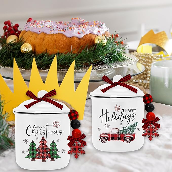 Whaline 2Pcs Christmas Mini Ceramic Canister Red Green Plaid Xmas Tree Truck Snowflake Mini Jar Holiday Candy Holder with Lid Bow for Xmas Winter Home Decor Storage Accessory