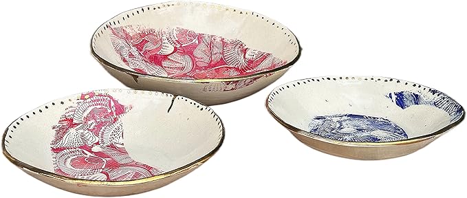 Red Gold and Blue Pasta or Salad Bowl Set for Two with Seashell Design, Handmade Dinnerware, Artisan Tableware, Gifts for Couples, Newlyweds, Housewarming