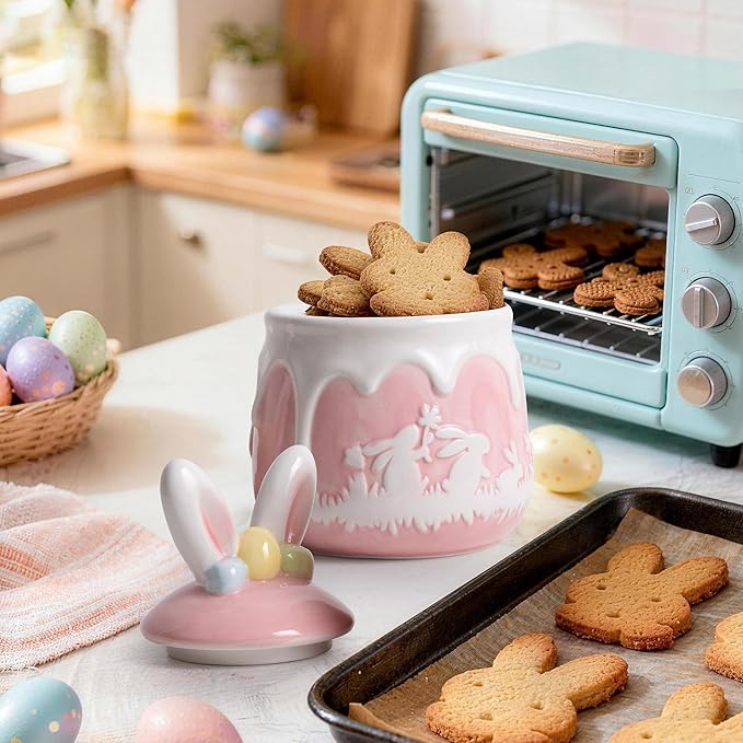 Bunny Cookie Jar, Easter Candy Jar with Lid, Embossment Bunny Decorative Ceramic Storage Container Jar, Pink and White Easter Bunny Decorations for Home Kitchen Indoor Best Easter Gift
