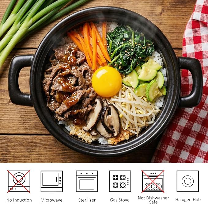 2 Pcs 84 oz Korean Stone Pot Clay Cooking Pot Set Ceramic Dolsot Bowl with Lid, Sizzling Hot Pots for Bibimbap and Soup, Kimchi, Ttukbaegi and Koreans Stew, Microwave Safe Donabe Pots, Black