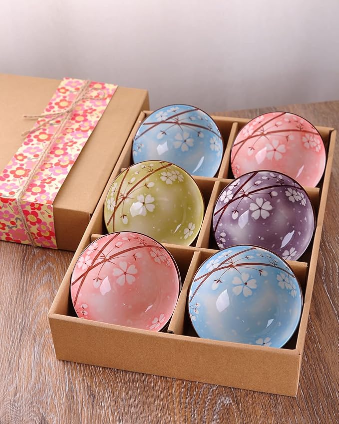 WHJY Cherry Bloom Chinese Japanese Ceramic Rice Bowl 10 oz, Sakura Bowl Gift Set, Serving Bowls Dinnerware Bowls for Rice, Cereal, Noodle, Soup, Desserts, Set of 6