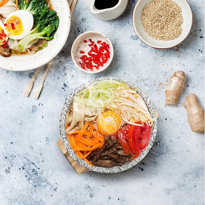 Dolsot Bibimbap Bowl, 27 Oz Korean Stone Bowls Cooking Pot with Wood Tray, Granite Stone Bowl Sizzling Hot Pot for Korean Restaurants, Soup, Rice, Stew