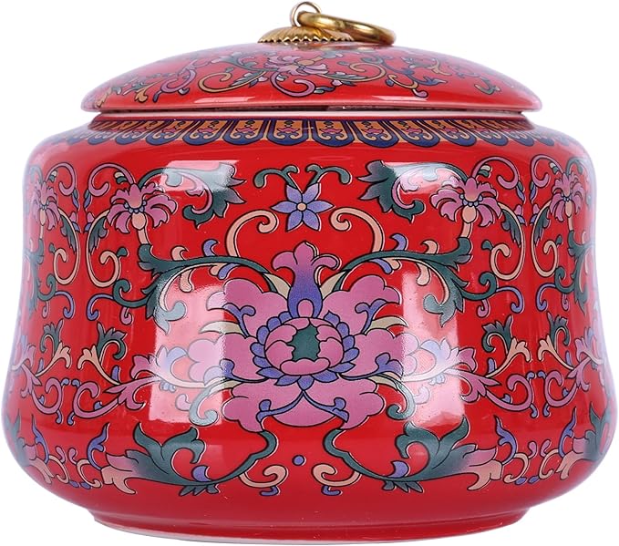 Handmade Chinoiserie Enamel Ginger Jar with Lid,Decorative Storage Jar for Loose Tea,Nuts & Snacks,Ceramic Vase Style Home Decor Canister,Colorful Jar for Kitchen,Living Room (Red Jar)