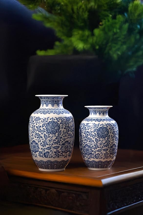 Blue and White Vase, Chinoiserie Porcelain for Living Room Shelf, Entryway Decor & Blue and White Home Centerpiece, Blue Vases Home Décor,11" H
