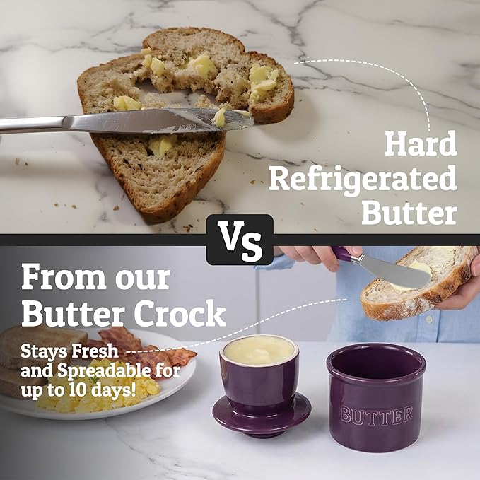 PriorityChef Butter Crock with Lid with Water Line,Ceramic French Butter Dish to Leave On Counter, Purple