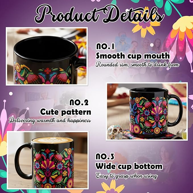 Sliner 11 oz Mexican Ceramic Coffee Mugs Set of 2 Fiesta Gifts Cinco De Mayo Cups Mandala Flowers Tea Cup Festive Holiday Birthday Gifts for Men Women