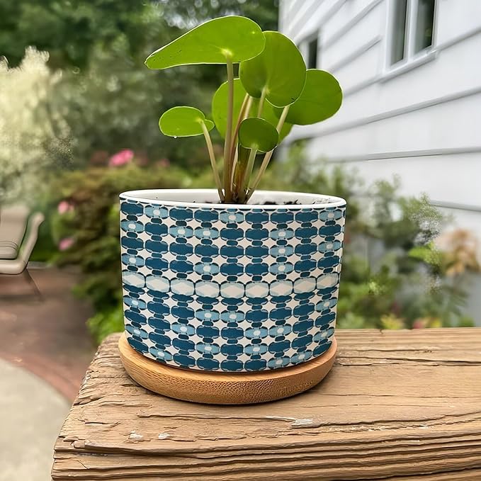 DreamAutumn Navy Blue Geometric Pattern Ceramic Pots for Plants with Drainage Holes Round Flower Pot Bamboo Tray Orchid Pot Succulents Pots for Outdoor Indoor Plants,Housewarming Gifts
