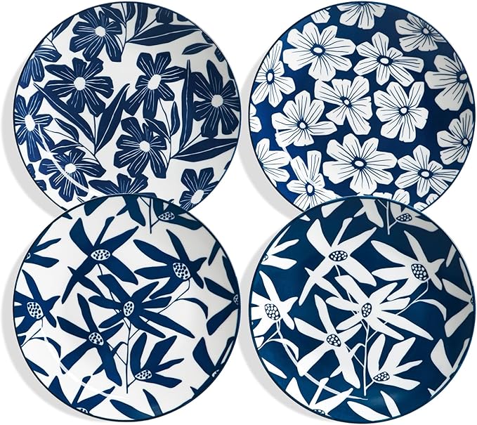 ONEMORE Dinner Plates Set of 4, 10.5 Inch Porcelain Plate, Blue and White Salad Dessert Plates, Microwave & Dishwasher Safe Scratch Resistant Large Serving Dish Plate