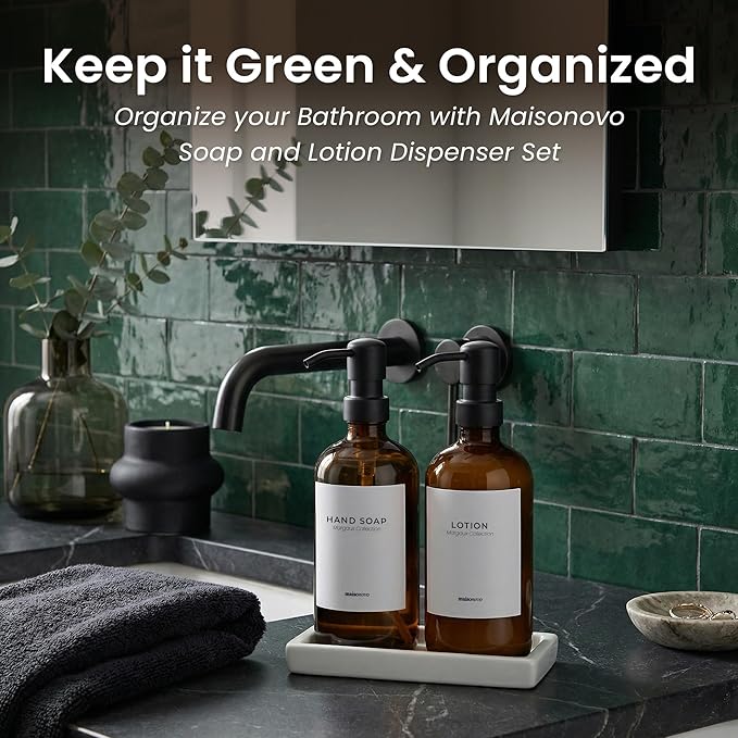 MaisoNovo Soap and Lotion Dispenser Set - Bathroom Soap Dispenser Set with Amber Glass Soap Dispenser, Black Pumps & Ceramic Tray