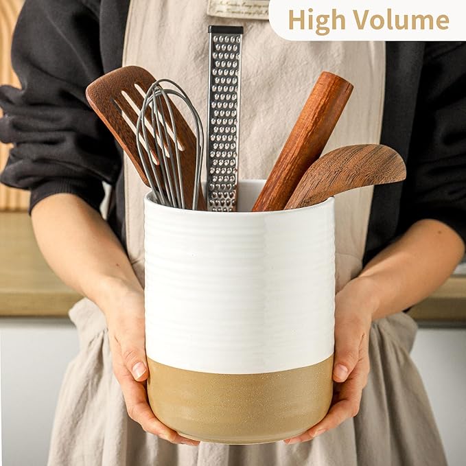 HASENSE Utensil Holder, 7.4" x 6.2" Ceramic Utensil Holder for Kitchen Counter, Large Utensil Oganizer for Utensil Set, Farmhouse White Cooking Utensil Crock for Kitchen Decor