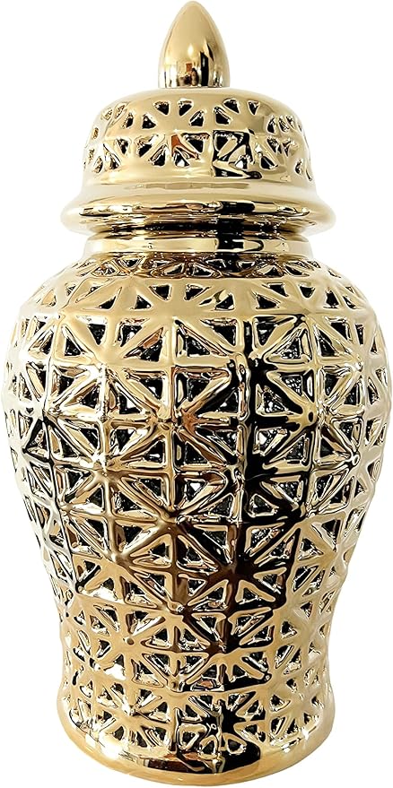 Noori Home - 100% Modern Glam Artisan Ceramic ARIA Large Gold Ginger Jar Urns with Lid 8.75x8.75x16.5
