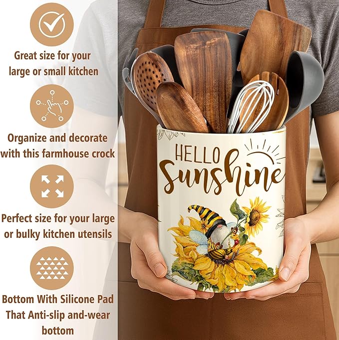 Hexagram Sunflower Decor Utensil Holder, Sunflower Kitchen Decor Ceramic Utensil Holder for Farmhouse Indoor Kitchen Decorations Rustic Farmhouse