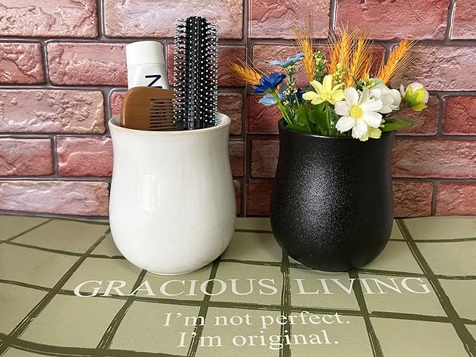 Short Kitchen Utensil Holder for Kitchen Counter, Ceramic Small Utensil Crock & Vase & Holder for Cutlery Spatula Brush Silverware Cooking Utensil Holder (Retro White)