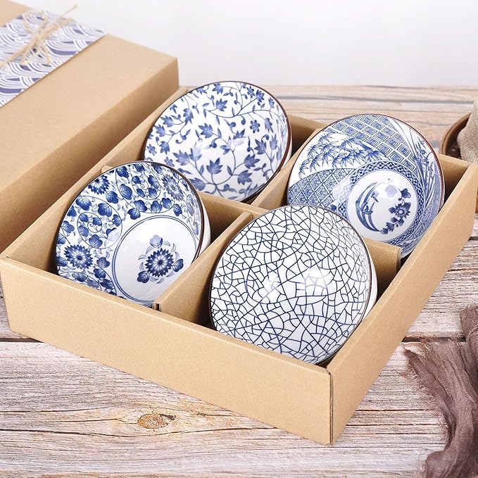 VanEnjoy Set of 4 Japanese Style Ceramic Rice Bowl with Gift Box,Blue and White Pattern Bowls Set,Underglazed Dinnerware, For Dessert Snack Cereal Soup Portion Control Bowl