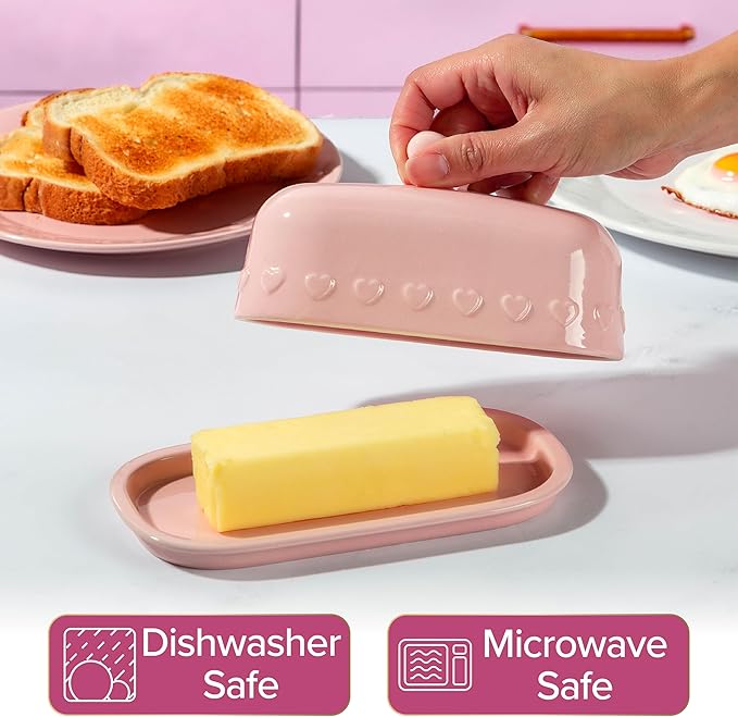 Paris Hilton Heart Knob Butter Dish, Iconic Stoneware With Heart Detailing, Microwave Safe & Dishwasher Safe, 2-Piece Set, Pink
