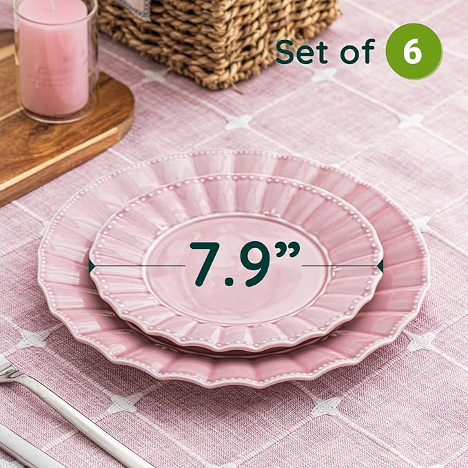 HOMBENE Dessert Plates 8 Inches Set for 6 Ceramic Serving Plates, Wavy Style, Plates for Cake Waffles, Snacks, Pasta, Noodle,Dinner, Microwave & Dishwasher Safe (Dreamy Sakura Pink)