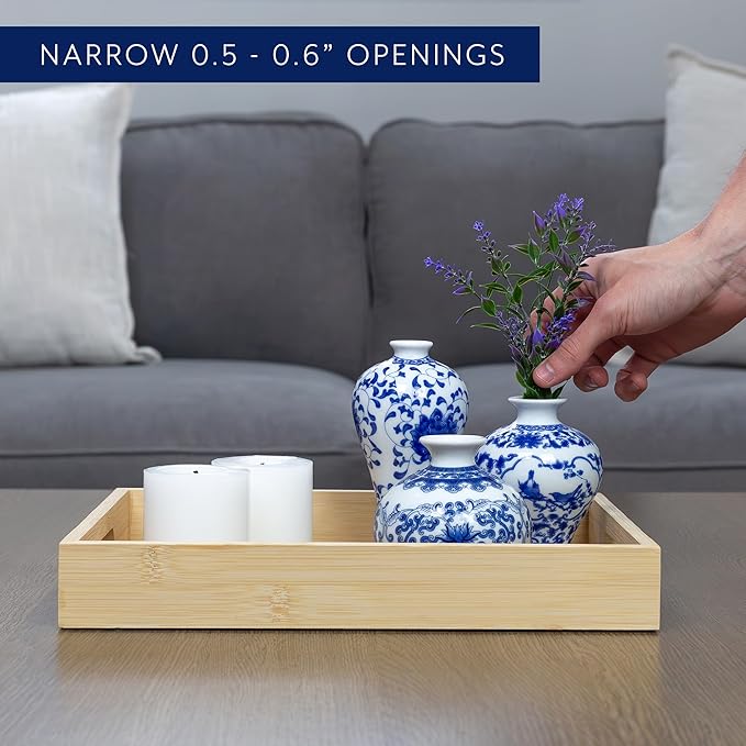 AuldHome Blue and White Porcelain Vases Set of 3, Mini Decorative Bud Vases for Farmhouse, Cottagecore, and Vintage Decor