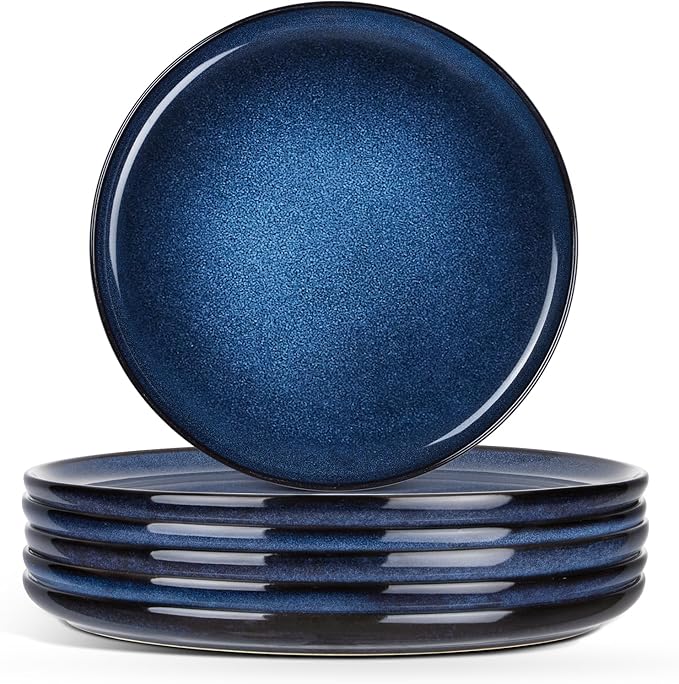 E-far 8” Ceramic Salad Plates Set of 6, Reactive Glaze Stoneware Dishes, Round Dessert Plate for Home Kitchen Restaurant, Microwave & Dishwasher Safe – Deep Sea Blue