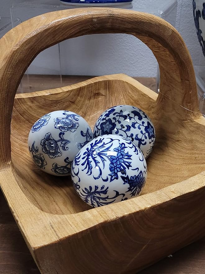 Galt International 4" Diameter Blue & White Floral Chinoiserie Ceramic Ball (Set of 3) Style 1| Decorative Ball Vase Bowl Filler