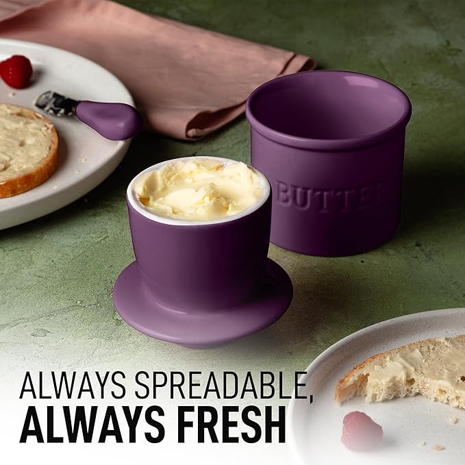 Zulay Kitchen Bell Shaped Butter Crock with Lid for Countertop with Water Line & Spreader Knife, Ceramic French Butter Dish Keeper For Fresh, Soft & Spreadable Butter - Purple