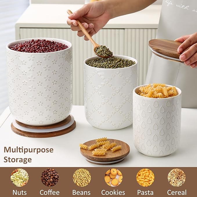Canisters Sets for the Kitchen, White Ceramic Canister Set with Airtight Wood Lids, 3 Pcs Embossed Food Storage Jars Containers for Flour, Sugar, Spice, Coffee, Tea (70/40/25 oz)