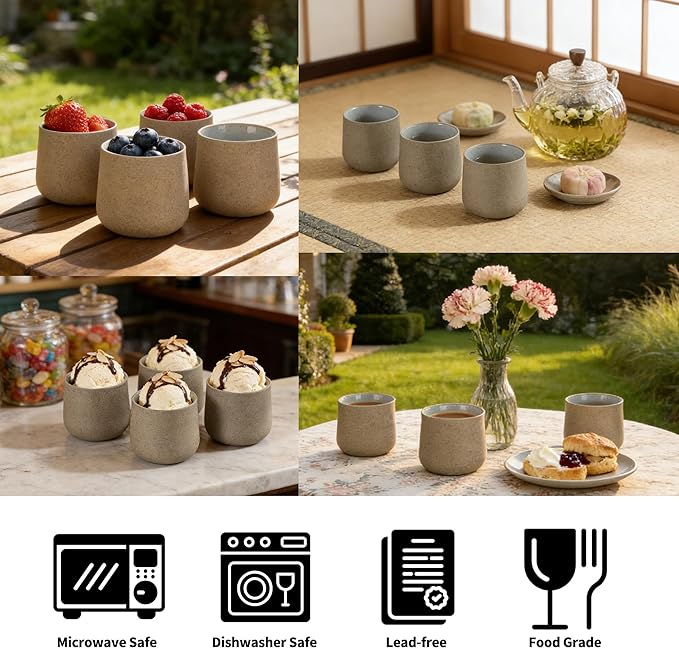 TEANAGOO Japanese Tea Cups Set of 4pcs, 6.9oz/205ml Elegant Ceramic Matcha Cups with Flat Base, Darker Grey Handleless Coffee Mugs, Microwave & Dishwasher Safe, Beautiful Gift Box