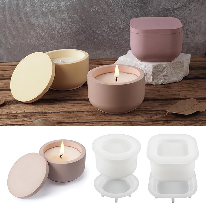 2 Pack Round Square Storage Jar Mold with Lids for Home Decor, Candle Holder Molds, Flower Pot Vase Concrete, DIY Plaster Cast Cement Rings Jewelry Storage Box Mold