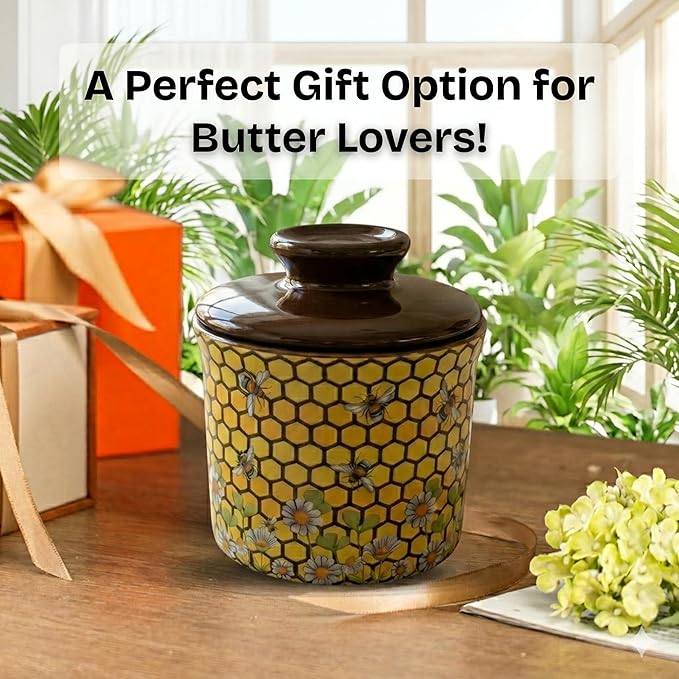 Pottery Butter Keeper Crock - Ceramic Butter Dish with Water Line for Countertop, Keep Butter Fresh-Honey Bee Design