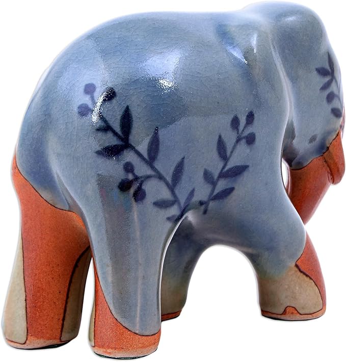 NOVICA Artisan Handmade Celadon Ceramic Sculpture Painted Elephant Multicolor Thailand Leaf Tree [4.3in H x 5.25in W x 2.7in D] ' Walkabout'