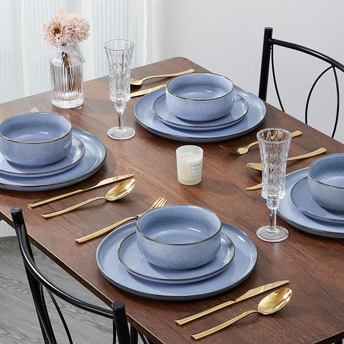 E-far 8” Ceramic Salad Plates Set of 6, Reactive Glaze Stoneware Dishes, Round Dessert Plate for Home Kitchen Restaurant, Microwave & Dishwasher Safe – Ocean Blue