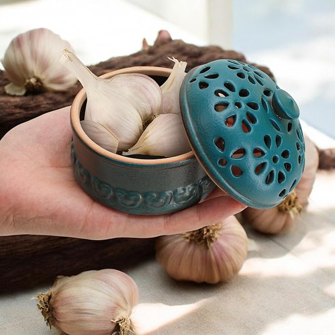 Peacock Blue Garlic Keeper for Counter Small, Ceramic Storage Jar & Garlic Holder for Friends Who Like Cooking, Garlic Container Saver for Kitchen, Keep Your Garlic Cloves Fresh Longer, 3-Inch