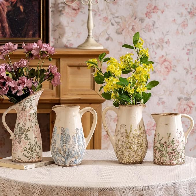 Vintage Pink and Green Floral Pitcher Vase with Handle, Ceramic Farmhouse Flower Vase French Country Decor, Rustic Table Centerpiece, Grand Millennial Tuscan Home Decor for Living Room, Bookshelf