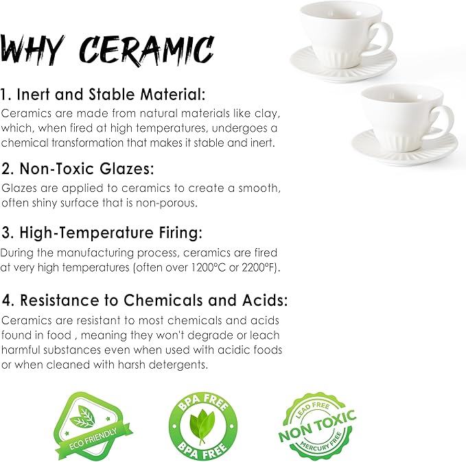 4 oz White Espresso Cups Set of 2, Ceramic Cappuccino Cups with Saucers, Durable Porcelain Tea Set & Modern Coffee Cup Collection, Coffee Lover Gifts