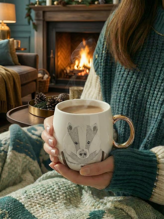 19oz Ceramic Coffee Mug with Gold-Trim Handle, Porcelain Mug for Coffee, Tea & Hot Chocolate, Hand-Painted Artisan Style, Lead-Free, Gift-Ready Box, Not Microwave Safe