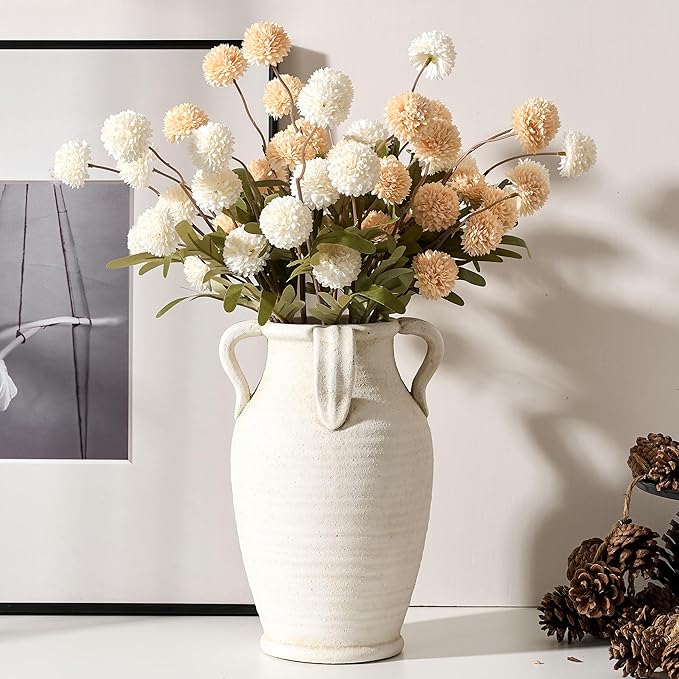 Emotionally Grounded Vase, Vaseking Large Ceramic Rustic Vase with 4 Handles, 10.83 inch Minimalist Decorative Farmhouse Tall Vases for Home Decor, Living Room, Enterway, Table Decoration, White