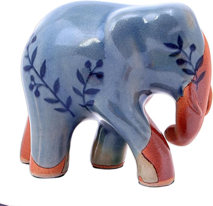 NOVICA Artisan Handmade Celadon Ceramic Sculpture Painted Elephant Multicolor Thailand Leaf Tree [4.3in H x 5.25in W x 2.7in D] ' Walkabout'