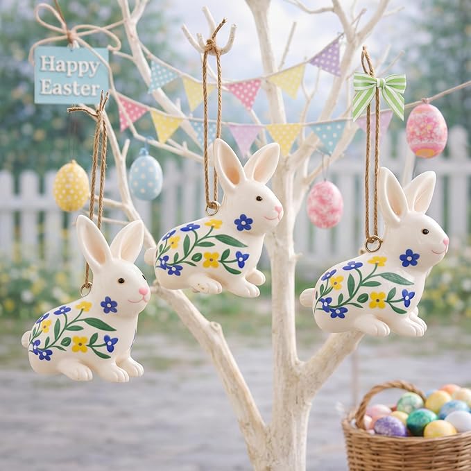 3 Pcs Ceramic Easter Bunny Decorations Spring Rabbits Hanging Ornaments Chinoiserie Blue and White Floral Bunny Figurines Centerpieces for Table Easter Tree Home Indoor Decor