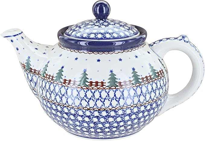 Blue Rose Polish Pottery - Blue Rustic Pines Medium Teapot - 4 Cup Capacity - Ceramic Holiday Teapot, Festive Christmas Design for Serving Tea, Coffee or Hot Cocoa